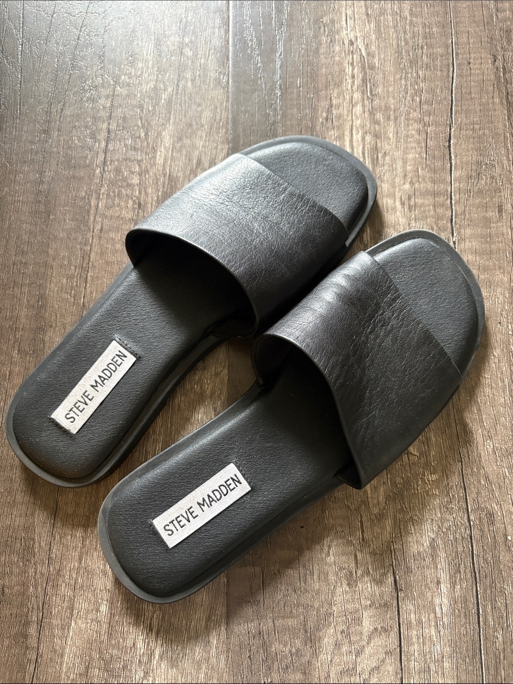 Steve Madden Black Leather Wide-strap Slide Sandals